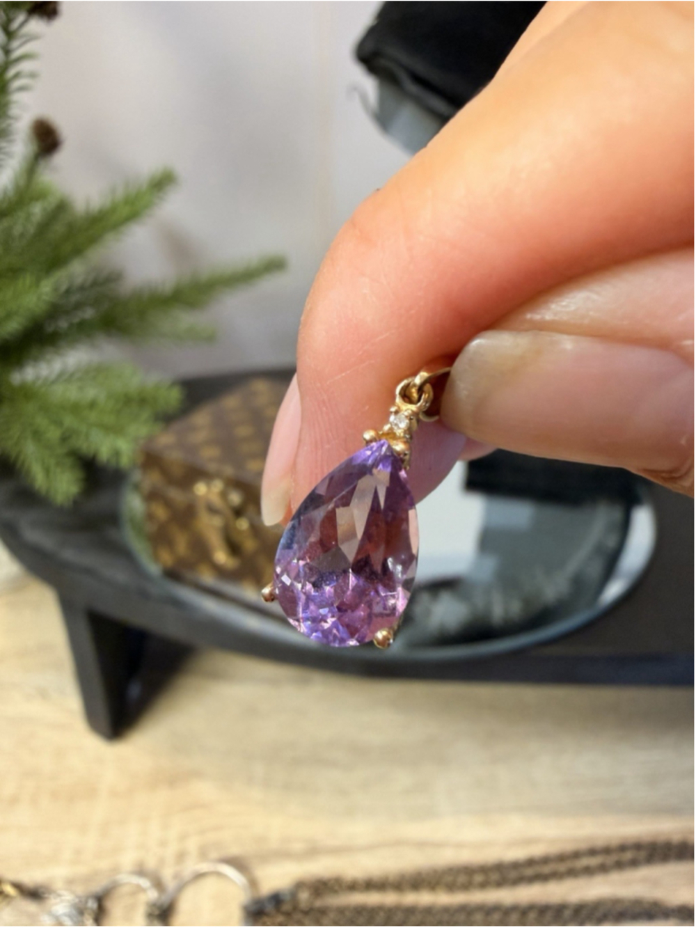 14K Yellow Gold Pear Shape 10 mm Amethyst & Diamond Pendant